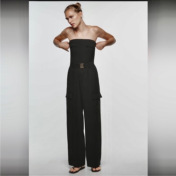 Zara belted black cargo pocket side strapless jumpsuit - Picture 5 of 8